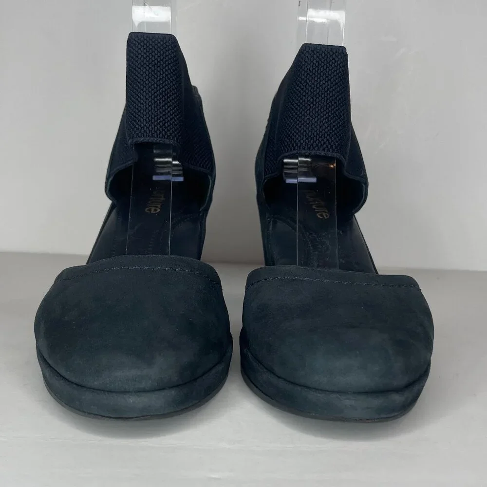 Nurture Larow Navy Blue Leather Wedge Shoes Ankle Band Size 6.5M